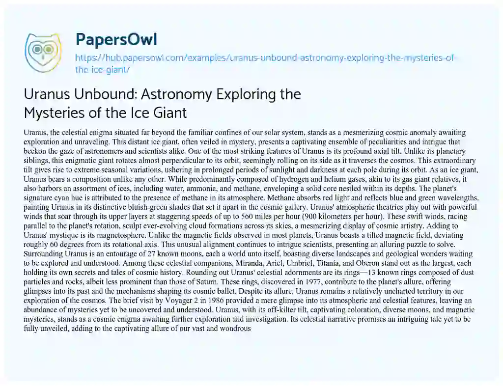 Essay on Uranus Unbound: Astronomy Exploring the Mysteries of the Ice Giant