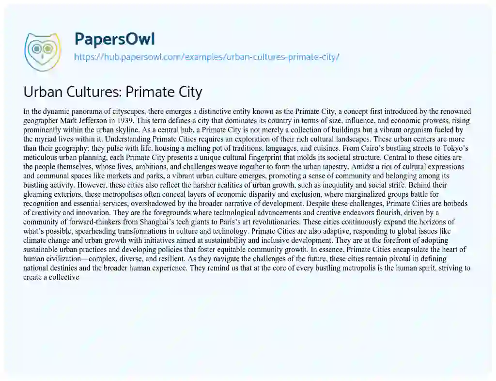 Essay on Urban Cultures: Primate City