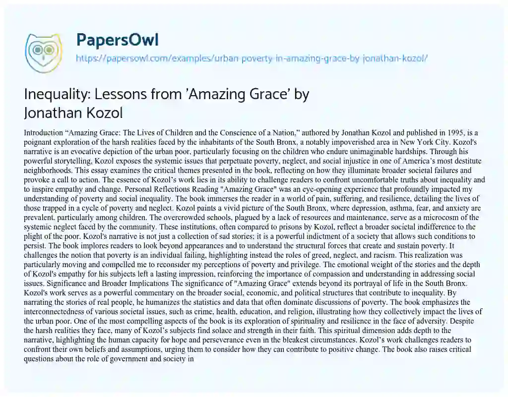 Essay on Inequality: Lessons from ‘Amazing Grace’ by Jonathan Kozol