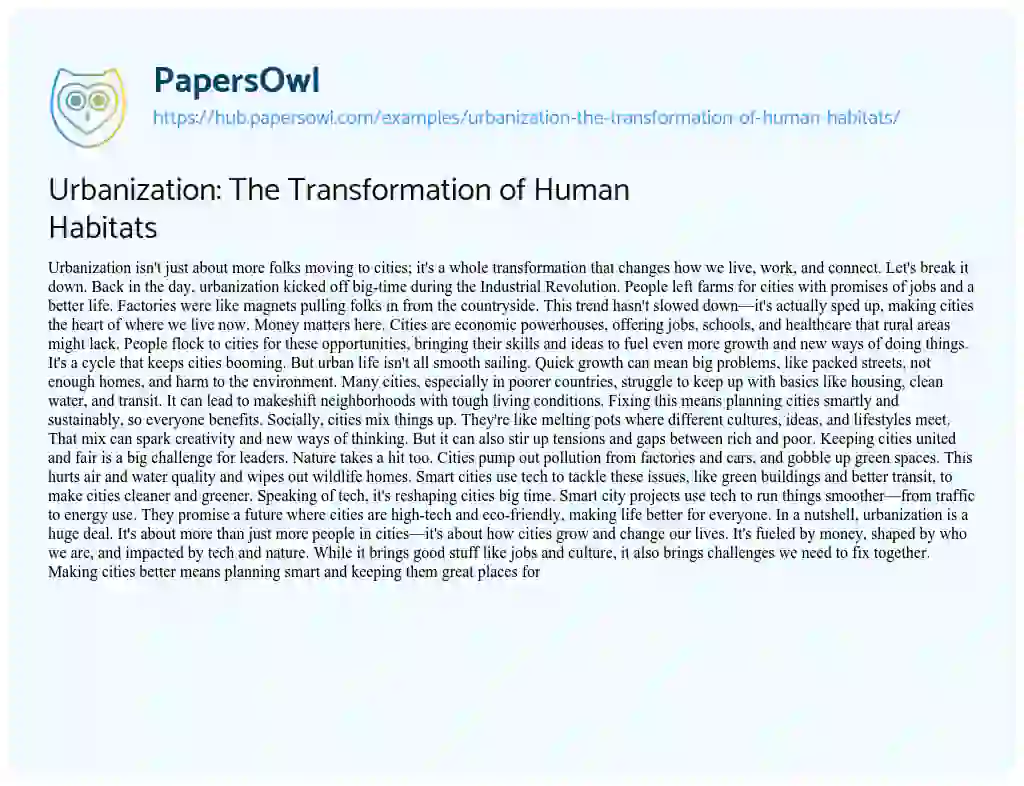 Essay on Urbanization: The Transformation of Human Habitats