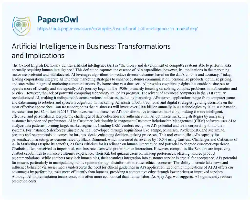 Essay on Artificial Intelligence in Business: Transformations and Implications
