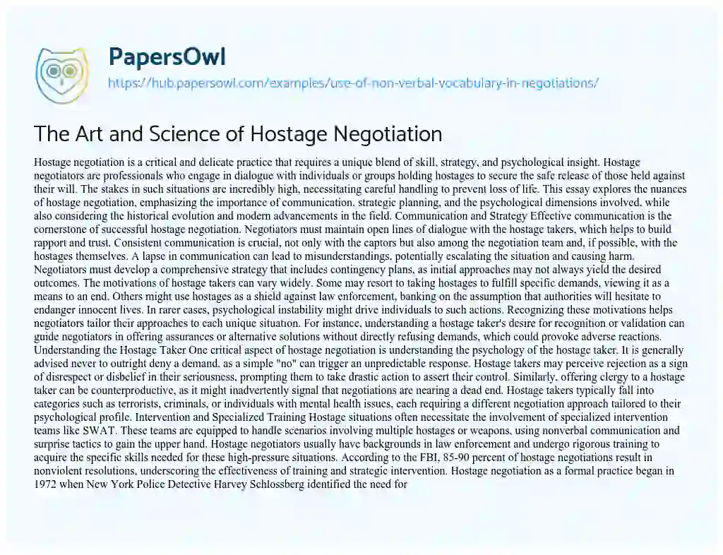 Essay on The Art and Science of Hostage Negotiation
