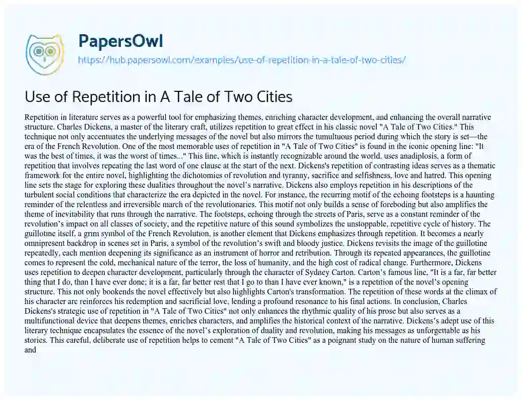 Essay on Use of Repetition in A Tale of Two Cities
