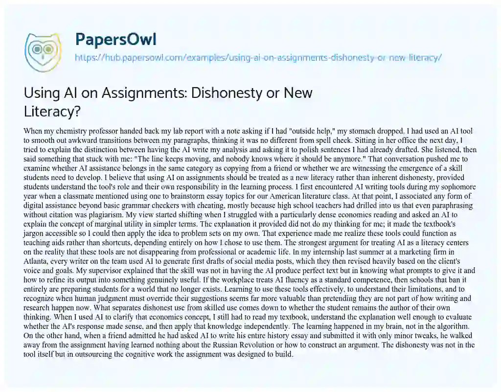 Essay on Using AI on Assignments: Dishonesty or New Literacy?