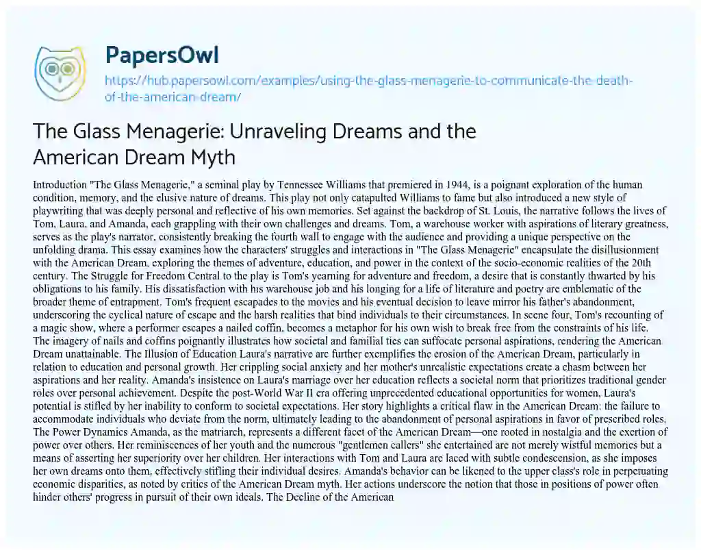 Essay on The Glass Menagerie: Unraveling Dreams and the American Dream Myth