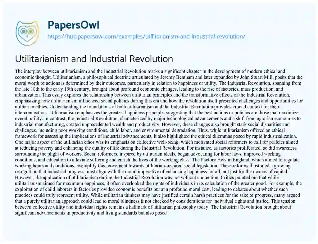 Essay on Utilitarianism and Industrial Revolution