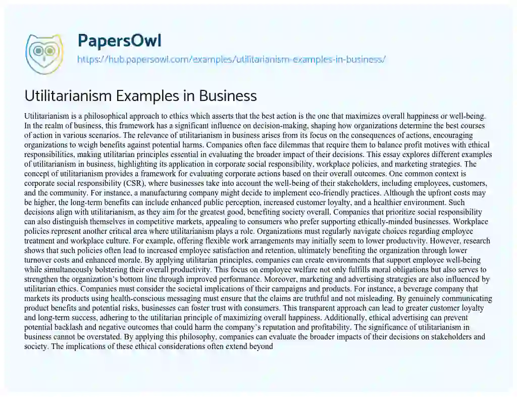 Essay on Utilitarianism Examples in Business