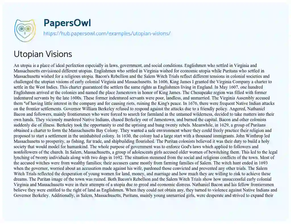 Essay on Utopian Visions