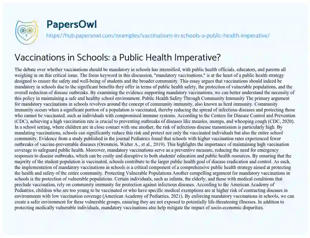 Essay on Vaccinations in Schools: a Public Health Imperative?