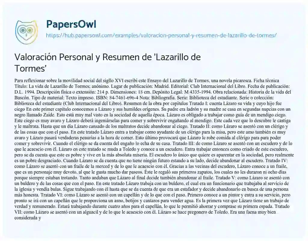 Essay on Valoración Personal y Resumen de ‘Lazarillo de Tormes’