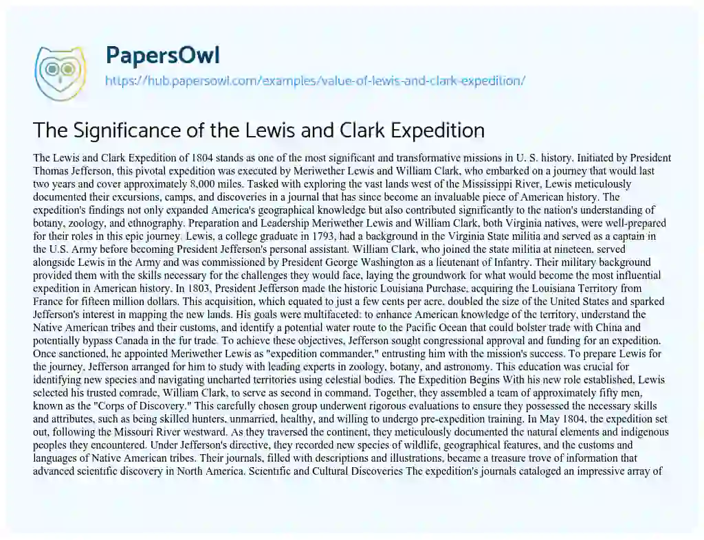 Essay on The Significance of the Lewis and Clark Expedition