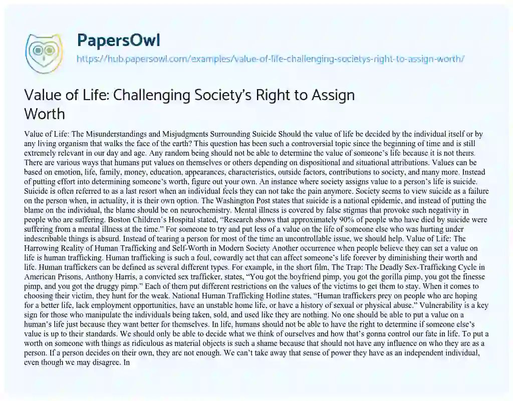 Essay on Value of Life: Challenging Society’s Right to Assign Worth