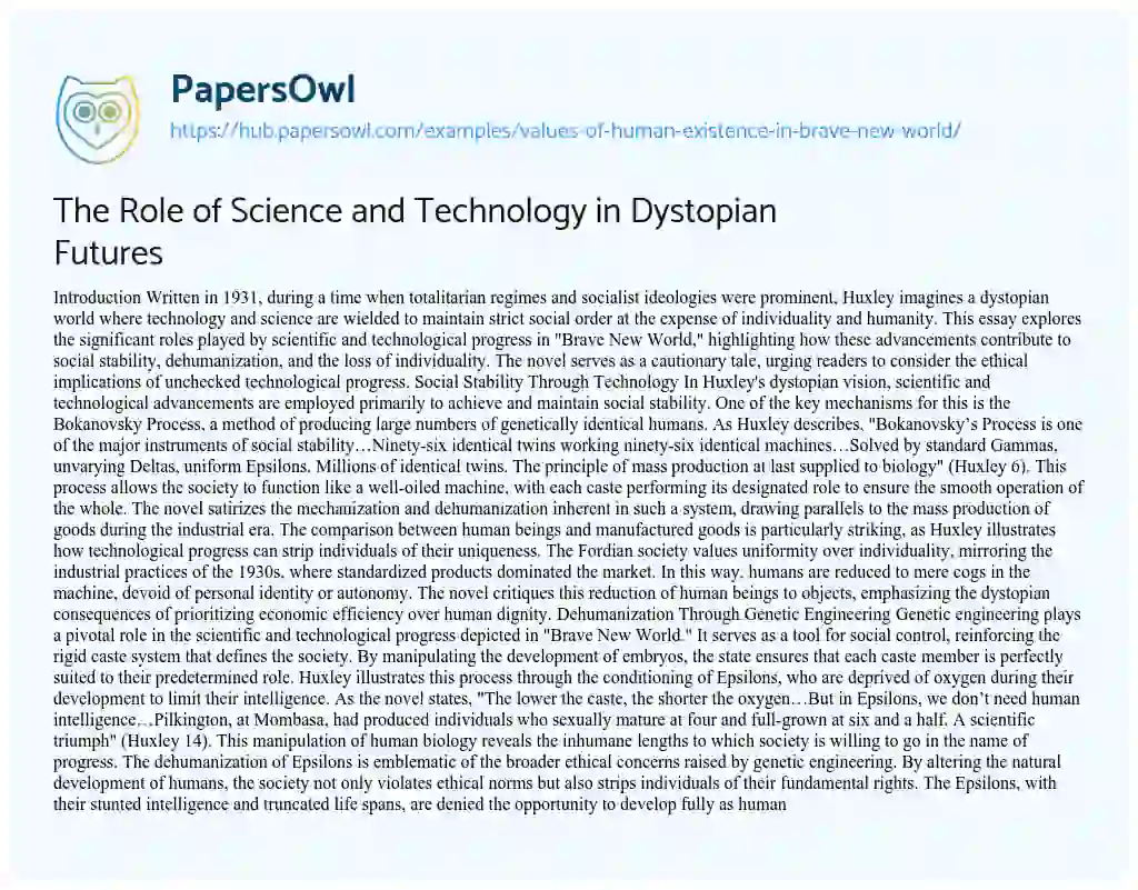 Essay on The Role of Science and Technology in Dystopian Futures