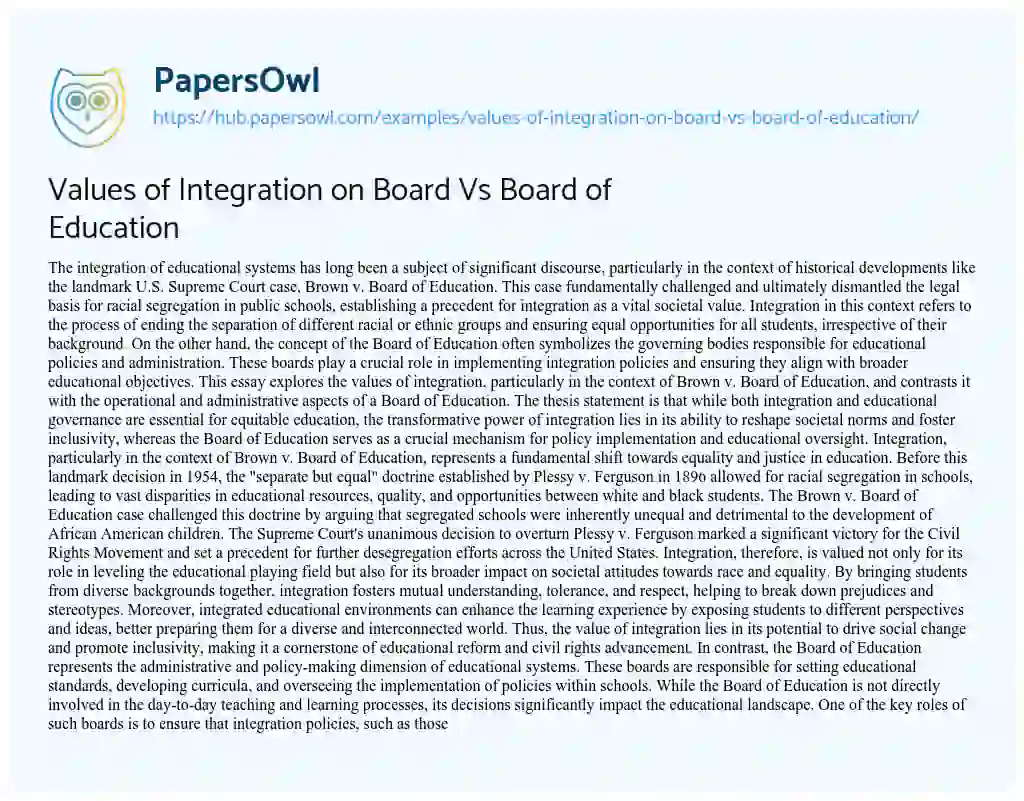 Essay on Values of Integration on Board Vs Board of Education