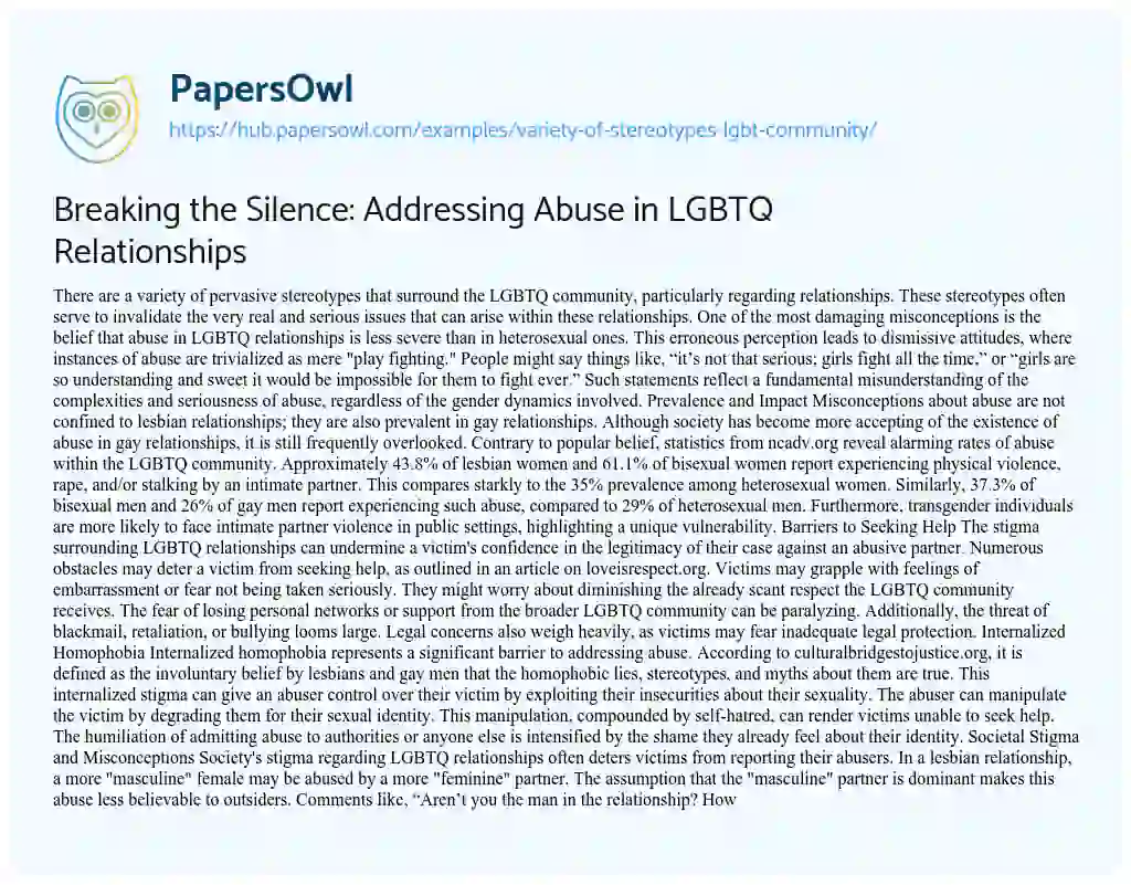 Essay on Breaking the Silence: Addressing Abuse in LGBTQ Relationships