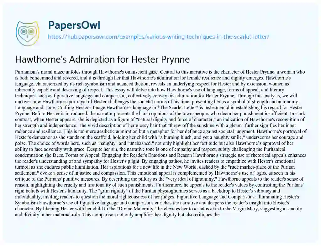 Essay on Hawthorne’s Admiration for Hester Prynne