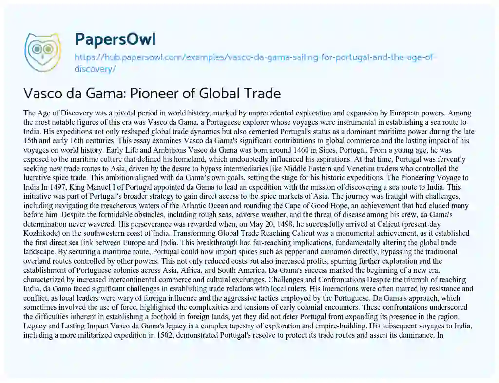 Essay on Vasco da Gama: Pioneer of Global Trade