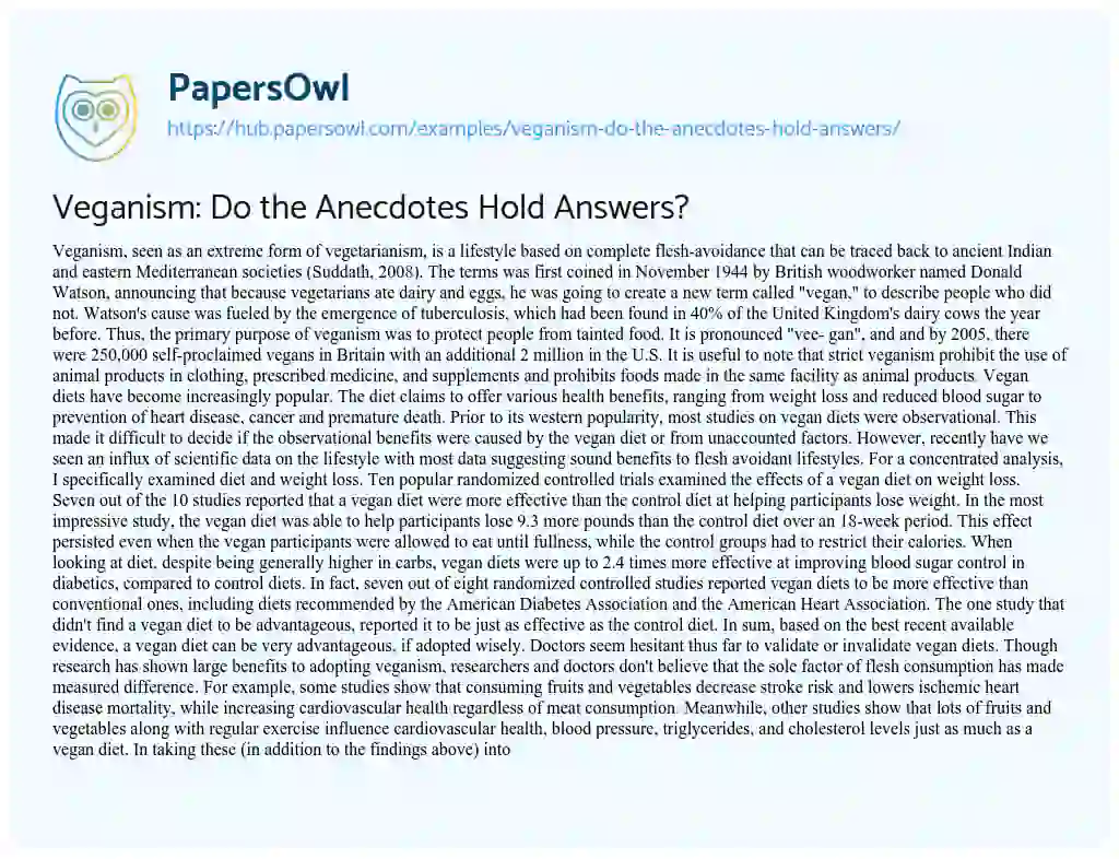 Essay on Veganism: Do the Anecdotes Hold Answers?