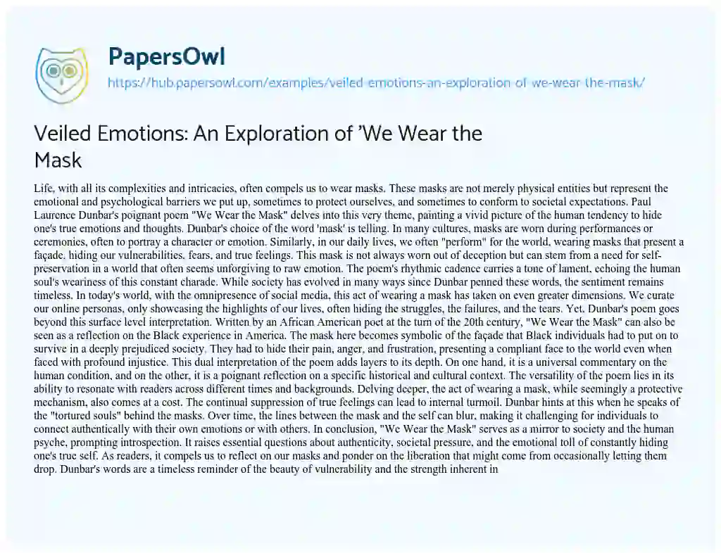 Essay on Veiled Emotions: An Exploration of ‘We Wear the Mask