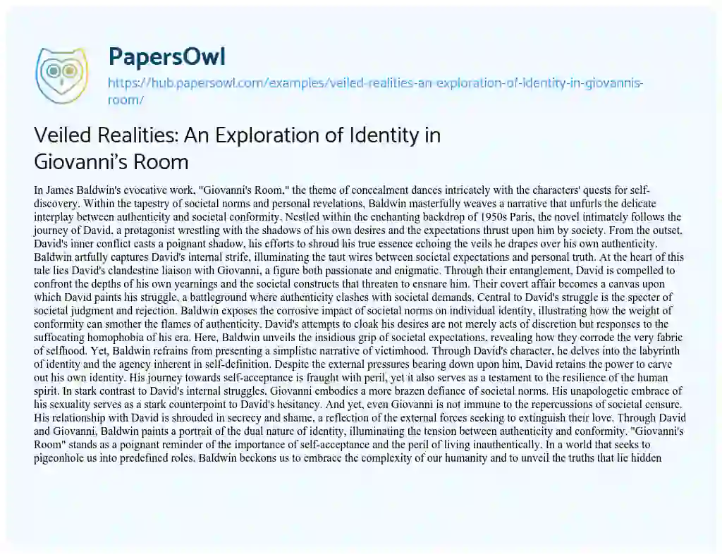 Essay on Veiled Realities: An Exploration of Identity in Giovanni’s Room