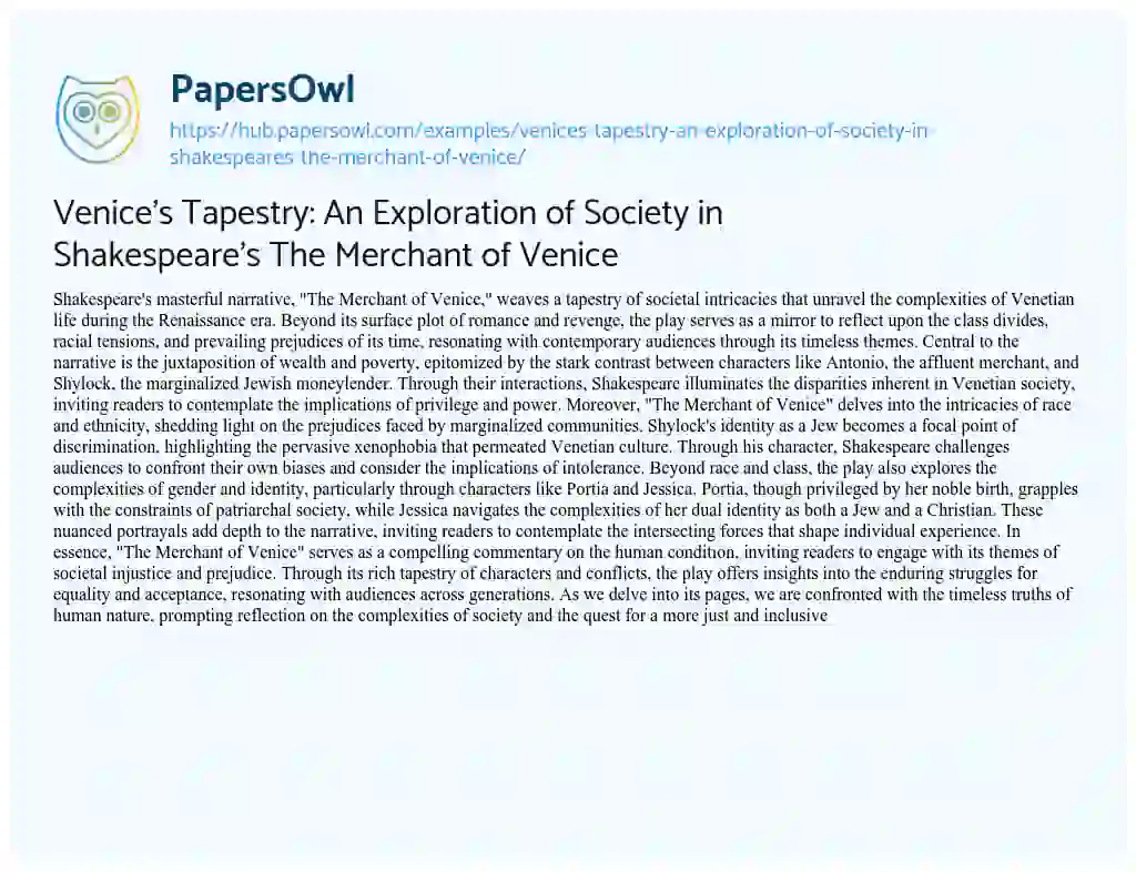 Essay on Venice’s Tapestry: An Exploration of Society in Shakespeare’s The Merchant of Venice
