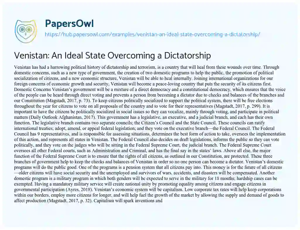 Essay on Venistan: An Ideal State Overcoming a Dictatorship