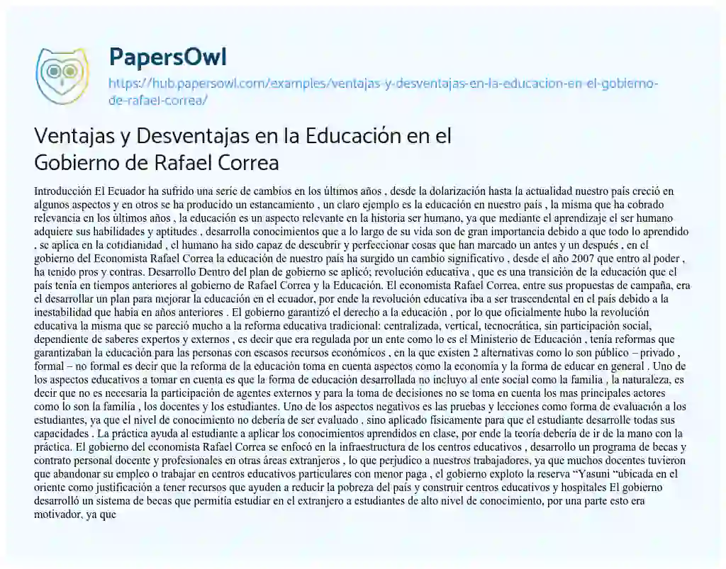 Essay on Ventajas y Desventajas en la Educación en el Gobierno de Rafael Correa