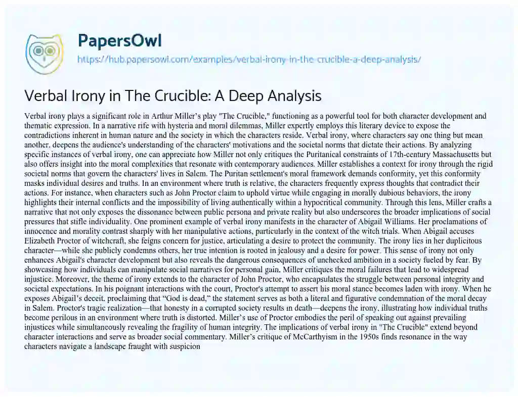 Essay on Verbal Irony in The Crucible: A Deep Analysis