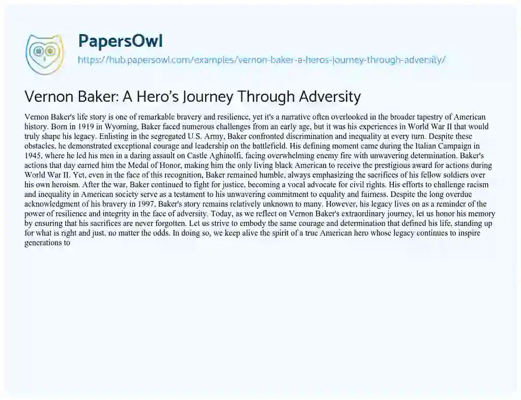 Essay on Vernon Baker: A Hero’s Journey Through Adversity