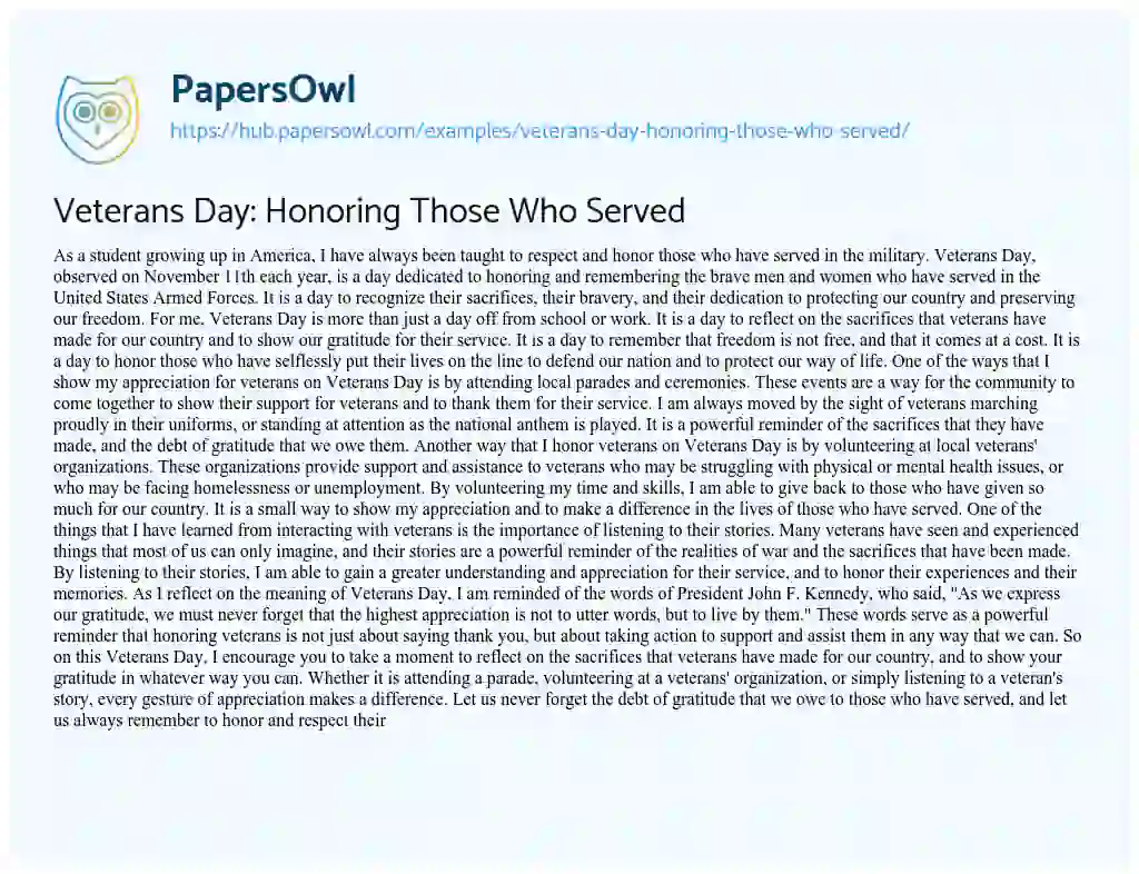 Essay on Veterans Day: Honoring Those Who Served