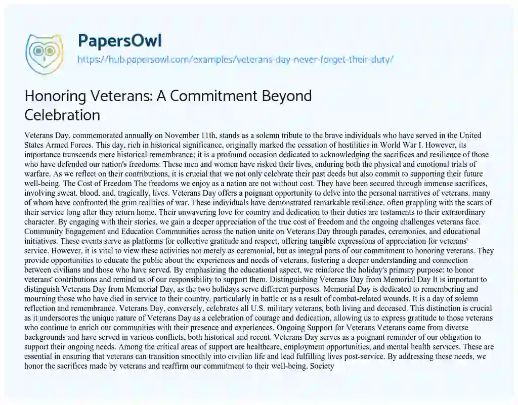 Essay on Honoring Veterans: A Commitment Beyond Celebration