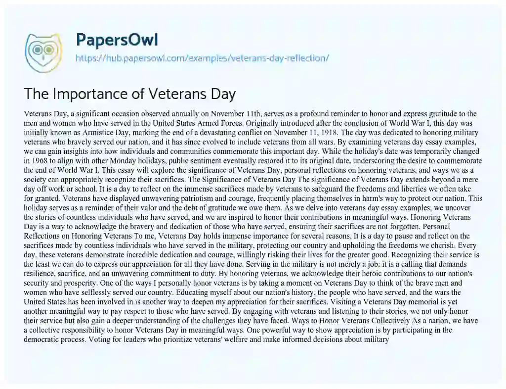Essay on The Importance of Veterans Day