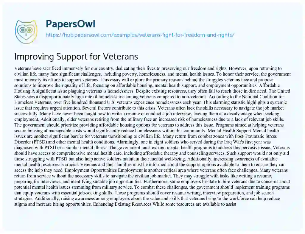 Essay on Improving Support for Veterans