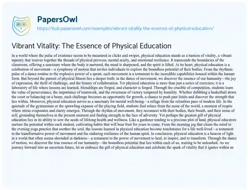 Essay on Vibrant Vitality: The Essence of Physical Education