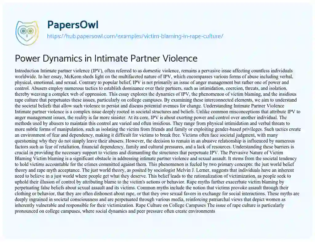 Essay on Power Dynamics in Intimate Partner Violence