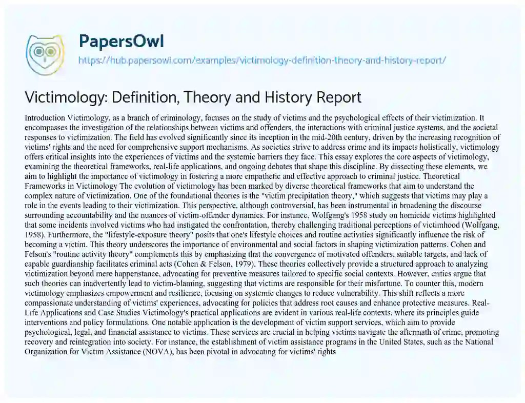 Essay on Victimology: Definition, Theory and History Report