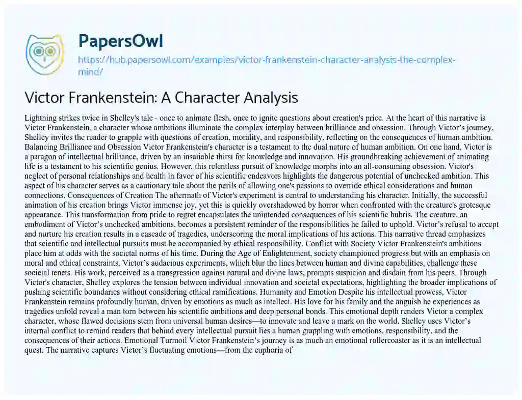 Essay on Victor Frankenstein: A Character Analysis