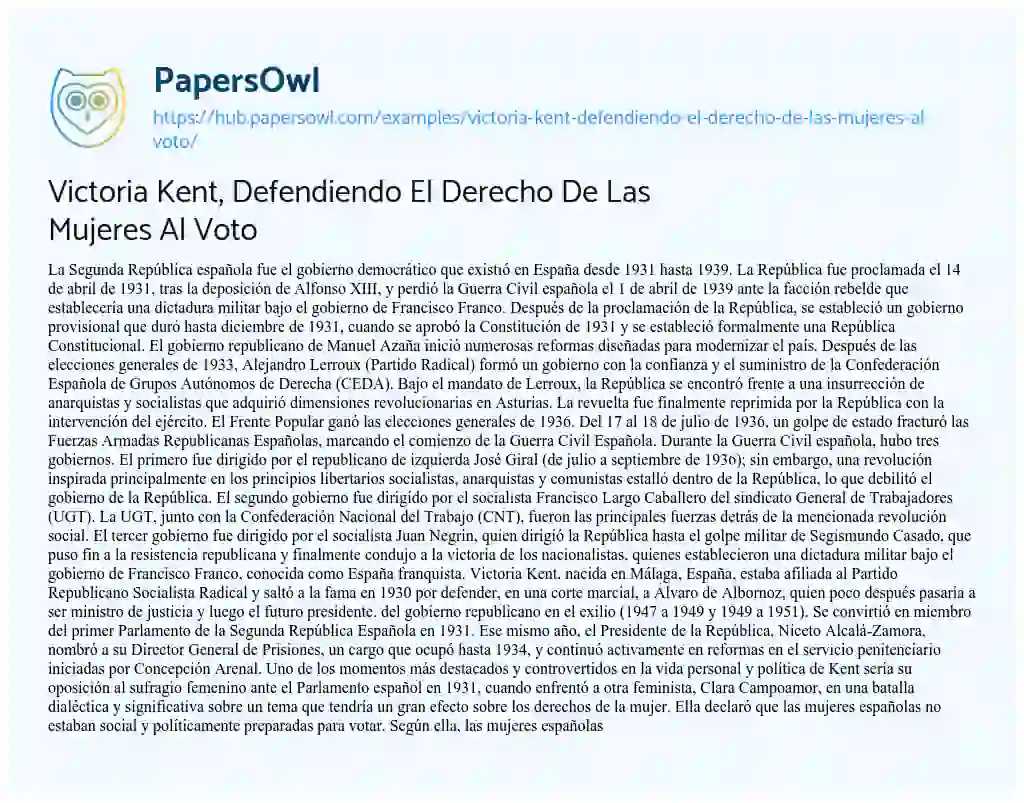 Essay on Victoria Kent, Defendiendo El Derecho De Las Mujeres Al Voto