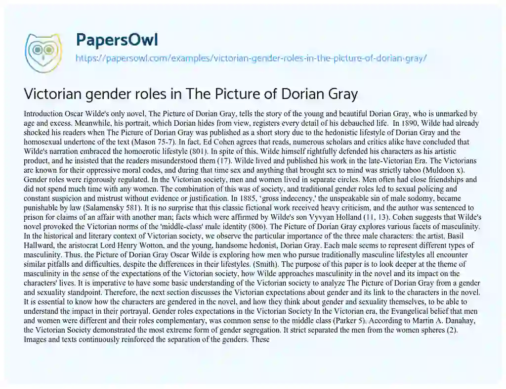 Essay on Victorian gender roles in The Picture of Dorian Gray