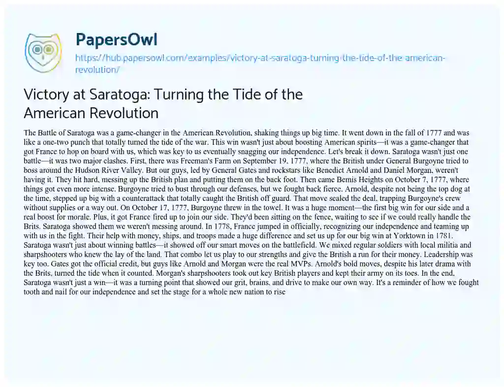 Essay on Victory at Saratoga: Turning the Tide of the American Revolution