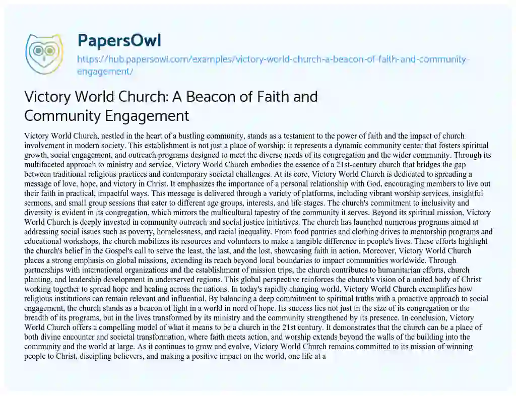 Essay on Victory World Church: A Beacon of Faith and Community Engagement