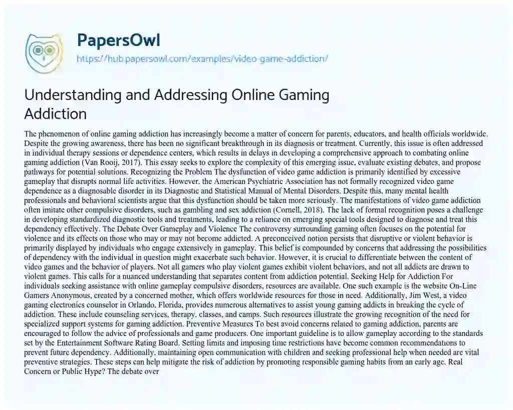 Essay on Understanding and Addressing Online Gaming Addiction