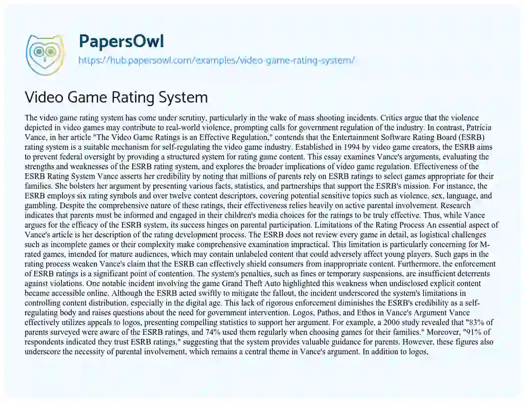 Essay on Video Game Rating System