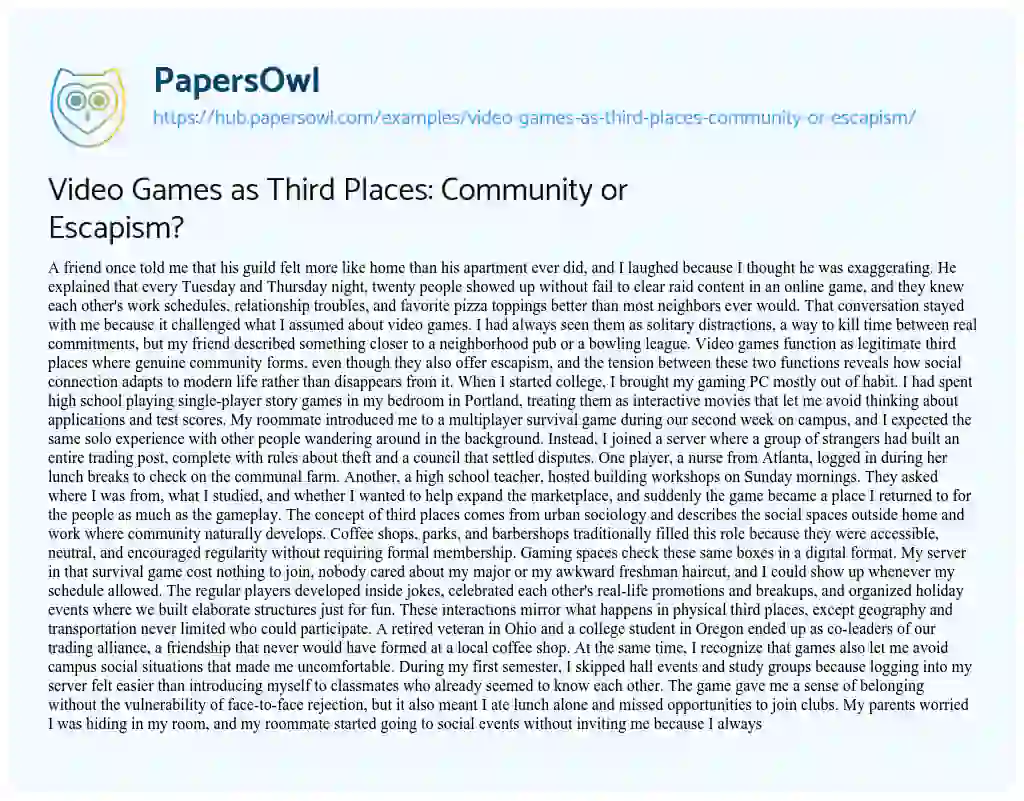 Essay on Video Games as Third Places: Community or Escapism?
