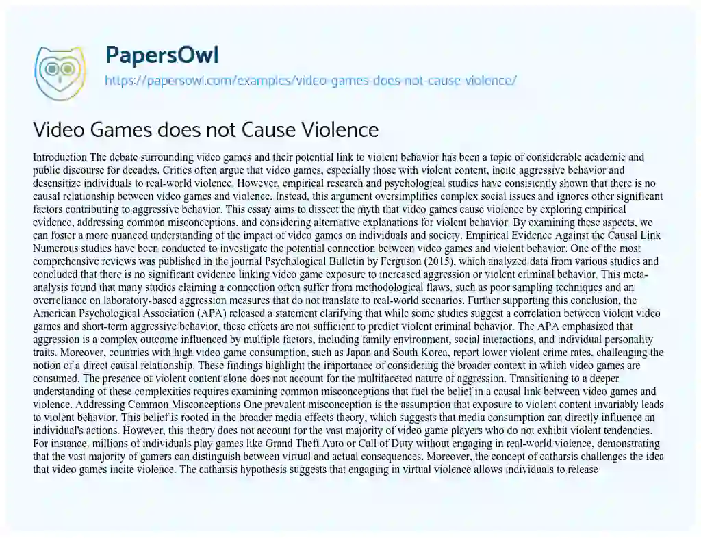 Essay on Video Games does not Cause Violence