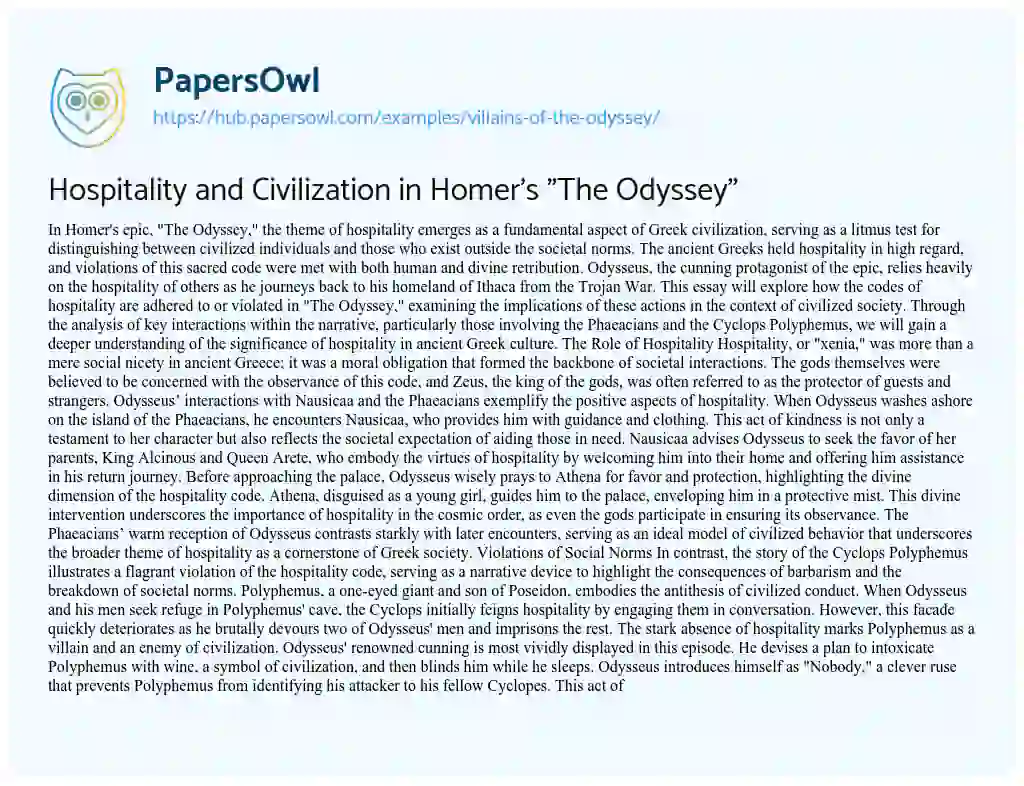 Essay on Hospitality and Civilization in Homer’s “The Odyssey”