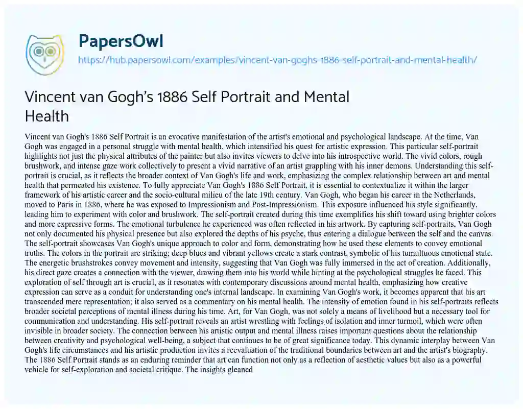 Essay on Vincent van Gogh’s 1886 Self Portrait and Mental Health