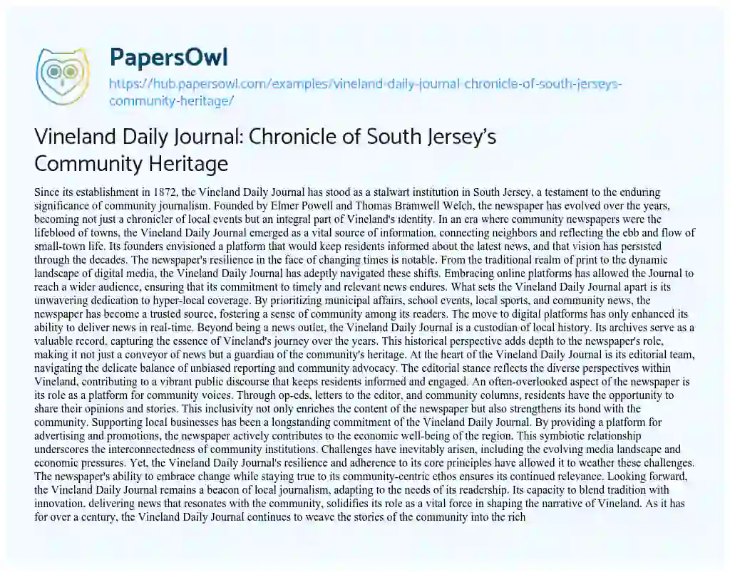 Essay on Vineland Daily Journal: Chronicle of South Jersey’s Community Heritage