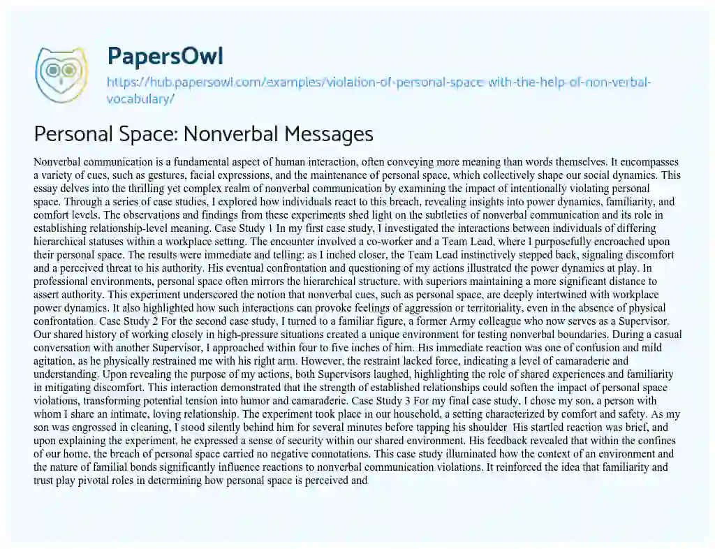 Essay on Personal Space: Nonverbal Messages
