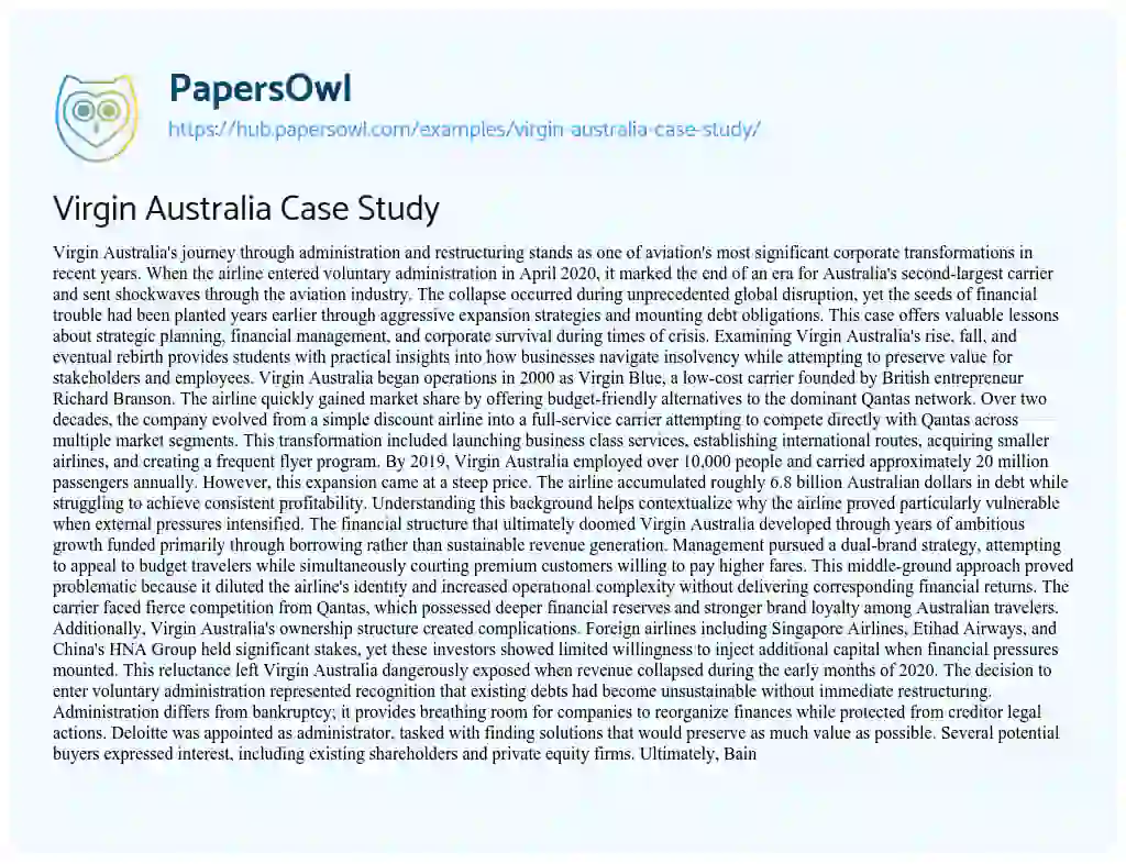 Essay on Virgin Australia Case Study